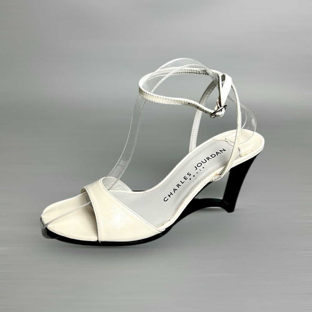 Charles Jourdan Paris White High Hill Mule Sandals Ankle Strap Made in Spain US7